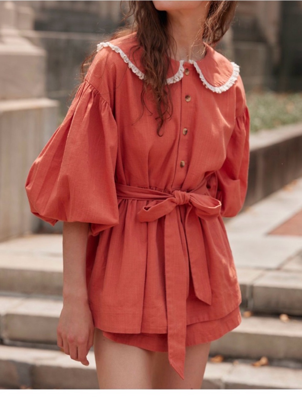 Free People Terracotta Puff-Sleeve Mini Dress with Lace Collar